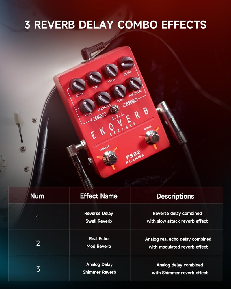 FLAMMA FS22 Stereo Delay & Reverb Combo Effects Pedal Ambient Guitar Pedal with 3 Pairs Combo Effects Reverse Delay Shimmer Reverb Tap Tempo Freeze Trail On Function - Image 2